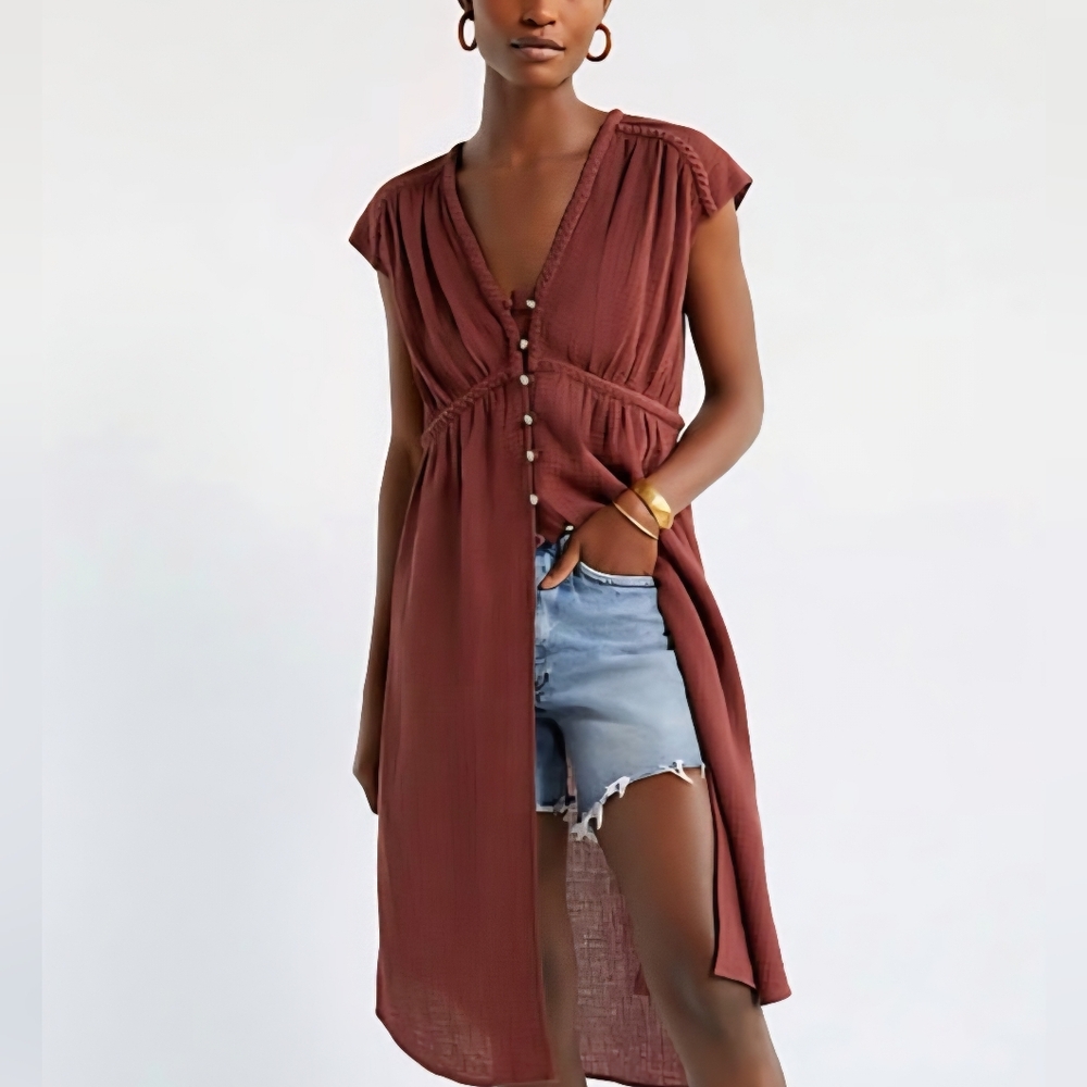 Anthropologie Rust-Brown V-Neck Button Front Tunic Top